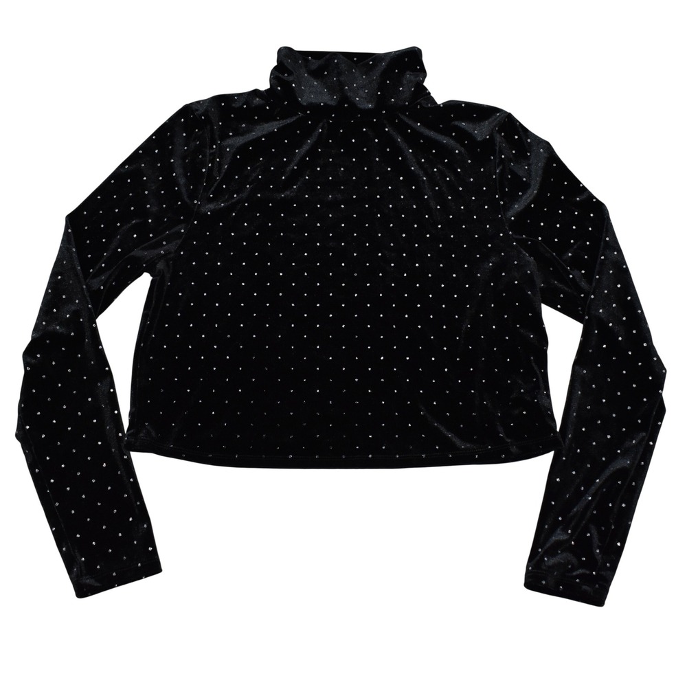 Polka Dot Velvet Turtleneck Crop Top Black Silver Glitter Holiday Junior fit XL